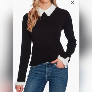 CeCe Black Imitation Pearl Peter Pan Collar Cotton Sweater